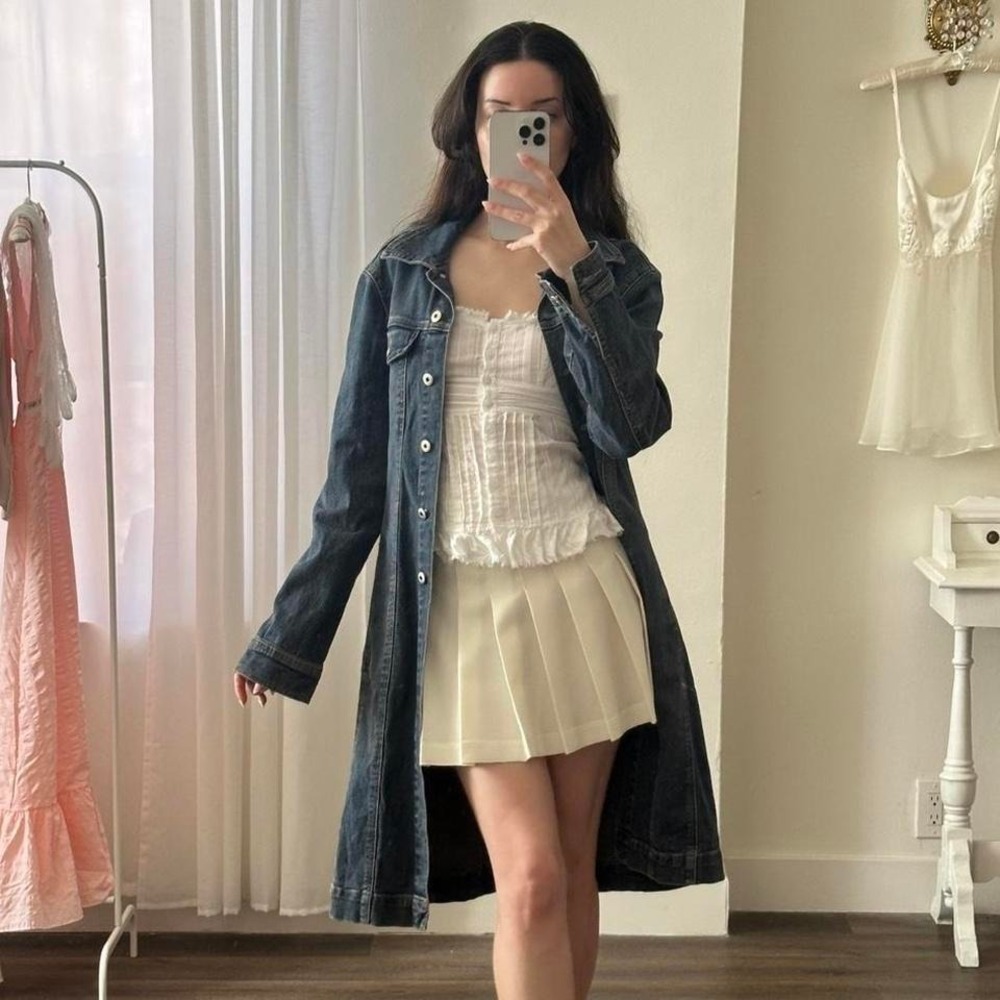 Y2K S Dark Denim Button Front Trench Coat